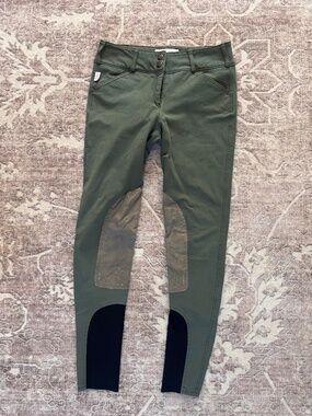 Tailored Sportsman Low-Rise Sock Bottom Breeches, Green/Tan, 26R